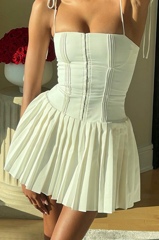 Spaghetti Strap Tie Shoulder Corset Bodice Pleated Skater Mini Dress