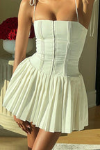 Spaghetti Strap Tie Shoulder Corset Bodice Pleated Skater Mini Dress