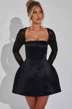 Square Neck Beaded Long Sleeve Fit and Flare Mini Cocktail Dress
