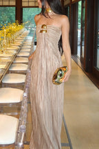 Golden Hour Metallic Pleated Strapless Maxi Dress