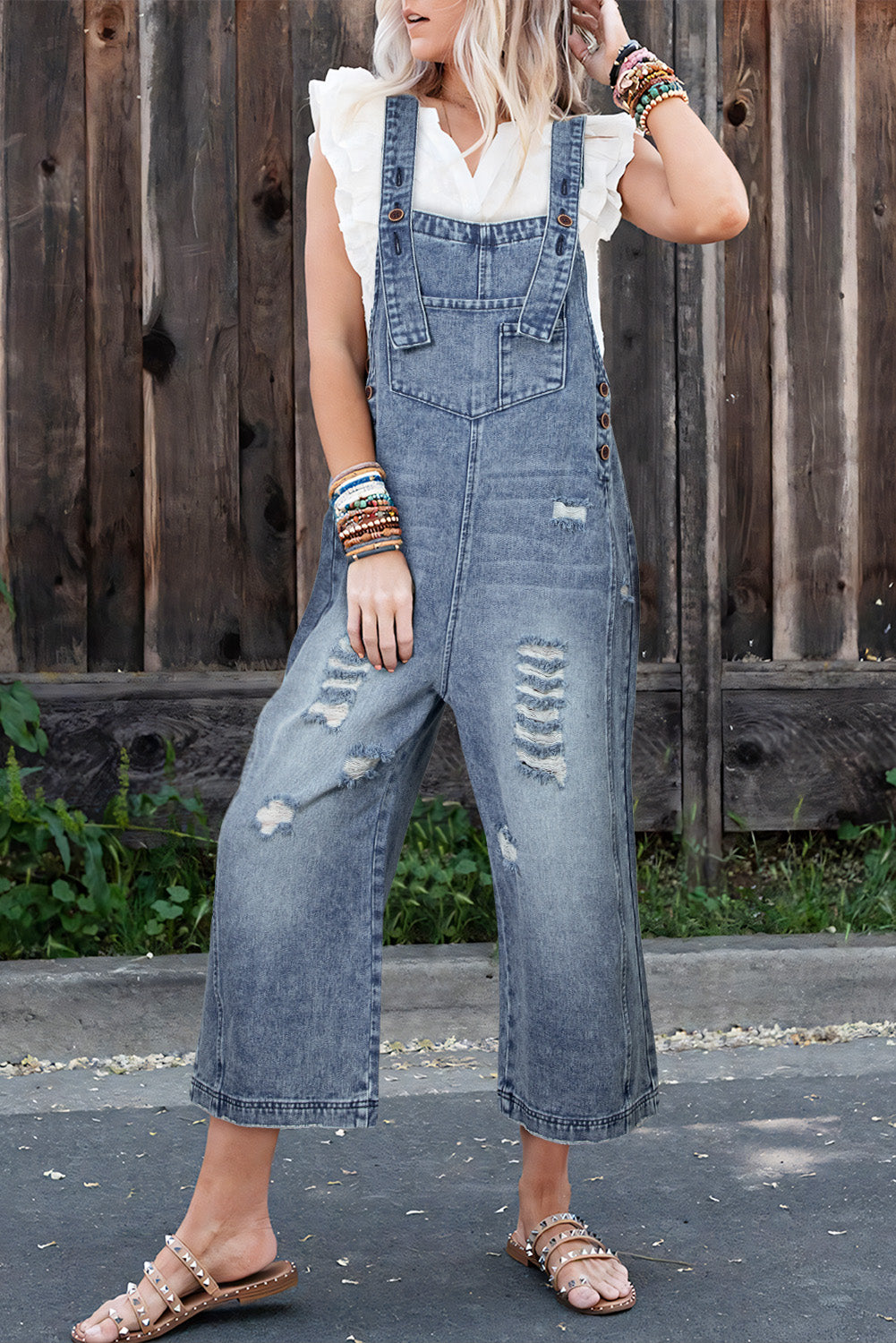 Blue Zone Planet | Stone Blue Distressed Bib Pocket Wide Leg Denim Overall
