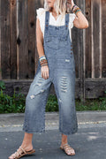 Blue Zone Planet | Stone Blue Distressed Bib Pocket Wide Leg Denim Overall
