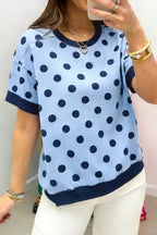 Pink Color Block Trim Polka Dot Casual Tee