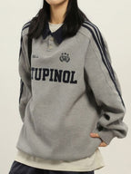 Letter Embroidered Piping Lapel Neck Sweatshirt