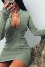 Rib Knit Long Sleeve Quarter Zip Mock Neck Bodycon Mini Dress