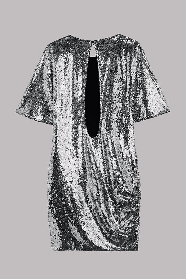 Countdown Celebration Sequin Short Bell Sleeve Open Back Ruched Mini Dress