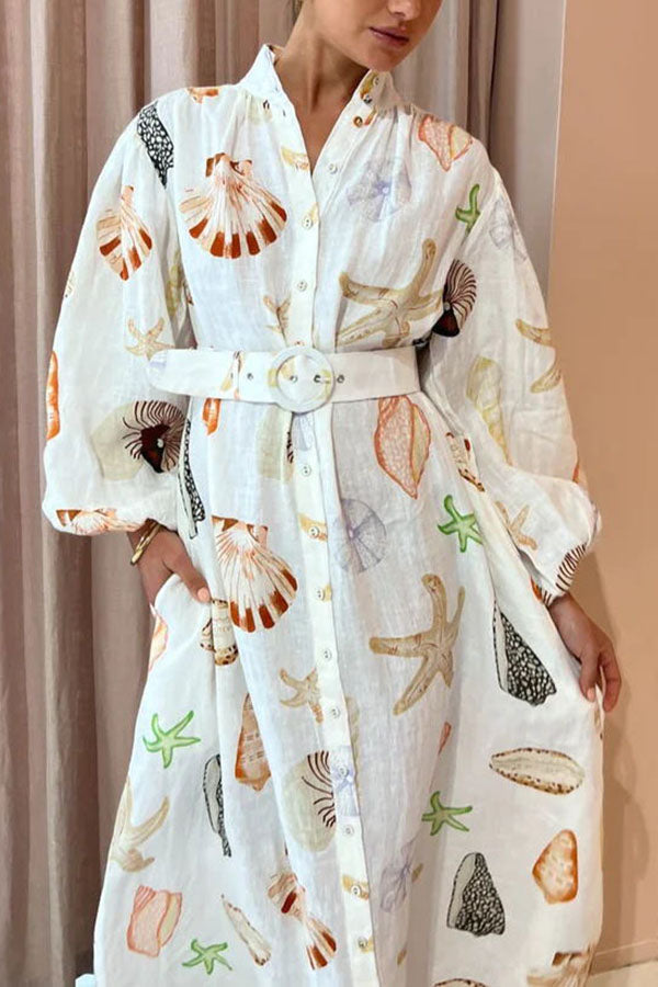Mandarin Collar Button-Front Puff Sleeve Seashell Starfish Print Belted Maxi Shirt Dress