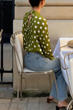 Polka Dot Print Tie-waist Lantern Sleeve Elegant Loose Shirt