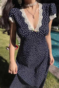 Polka Dot Deep V-Neck Lace Trim Short Puff Sleeve Rosette Accent Maxi Dress