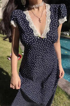 Polka Dot Deep V-Neck Lace Trim Short Puff Sleeve Rosette Accent Maxi Dress