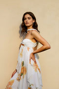 Floral Print Halter Brooch Ruched Tiered Ruffle Backless Maxi Dress