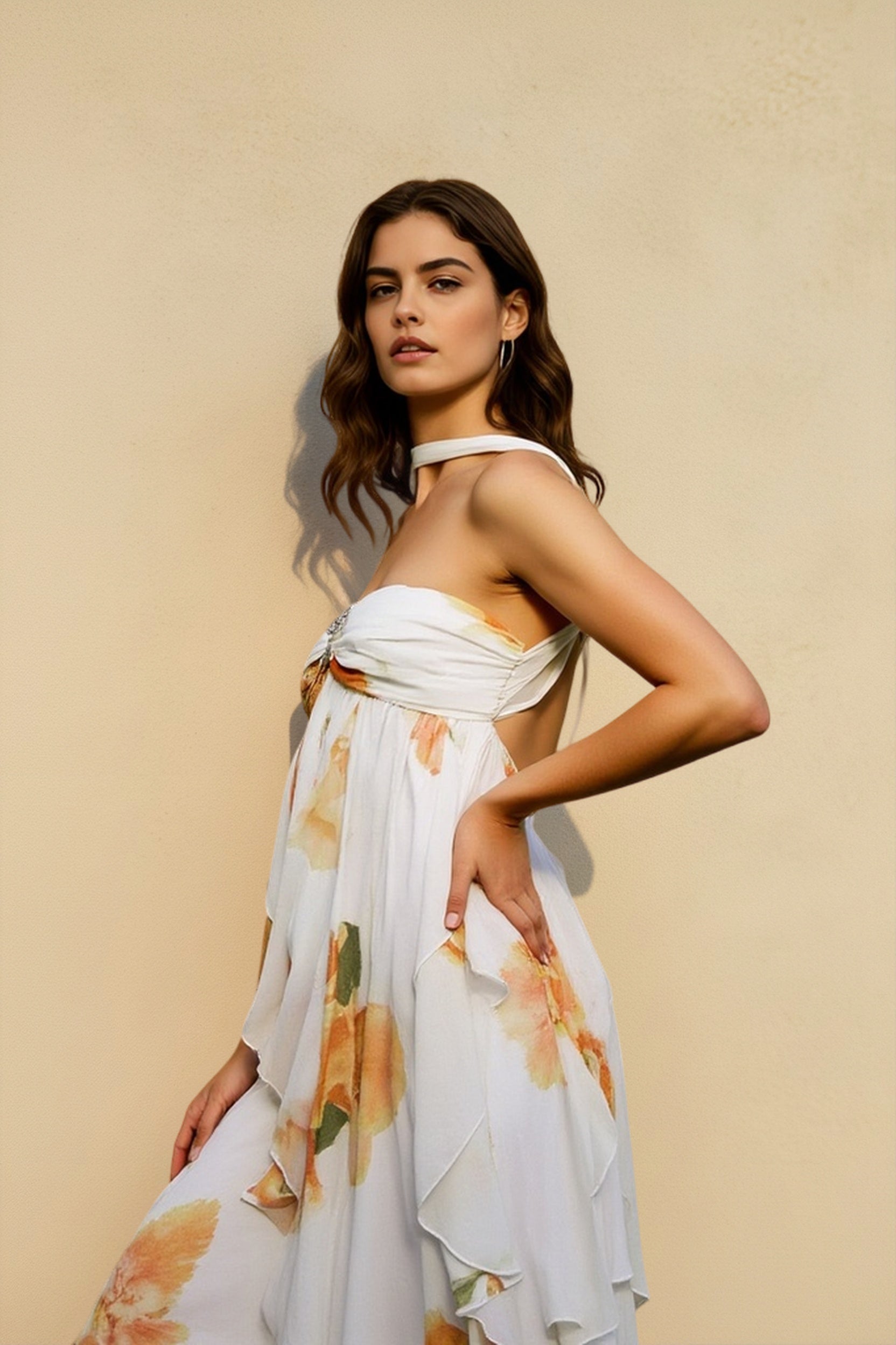 Floral Print Halter Brooch Ruched Tiered Ruffle Backless Maxi Dress