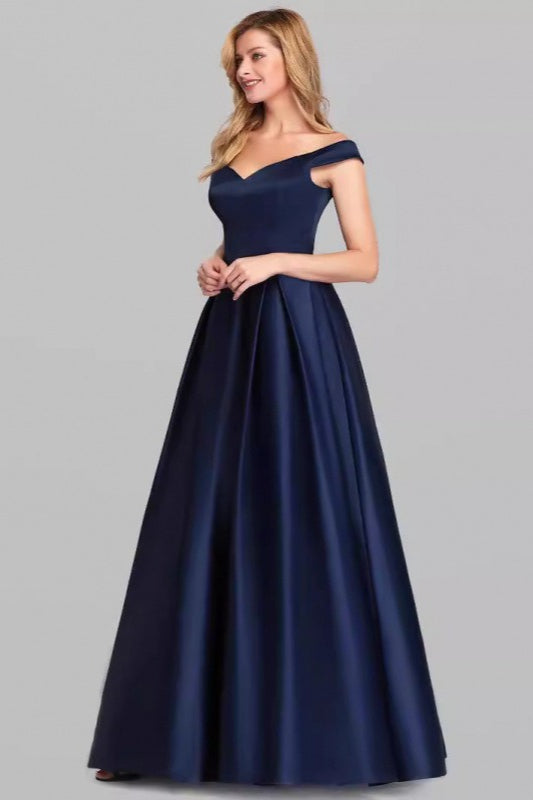 Off Shoulder Cap Sleeve Pleated Satin Ball Gown Maxi Dress