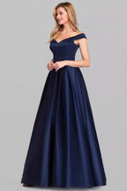 Off Shoulder Cap Sleeve Pleated Satin Ball Gown Maxi Dress