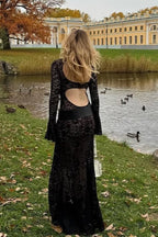 Lace Bell Sleeve Crew Neck Bodycon Maxi Dress