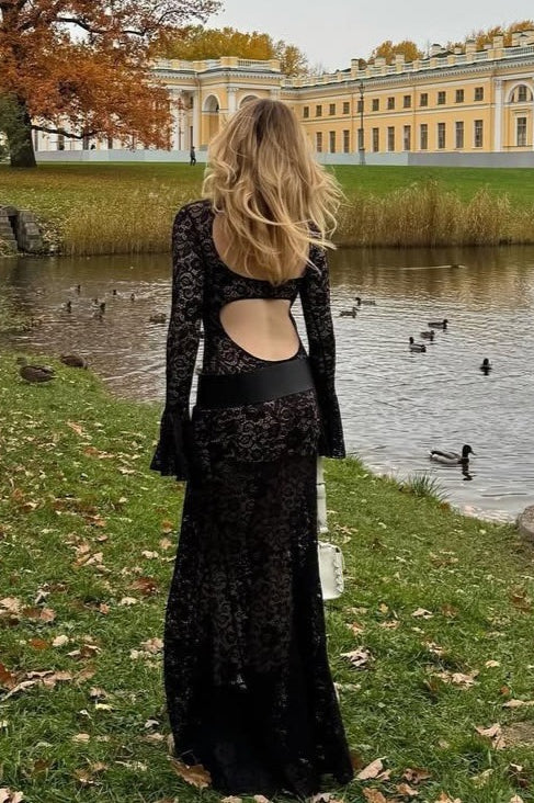 Lace Bell Sleeve Crew Neck Bodycon Maxi Dress