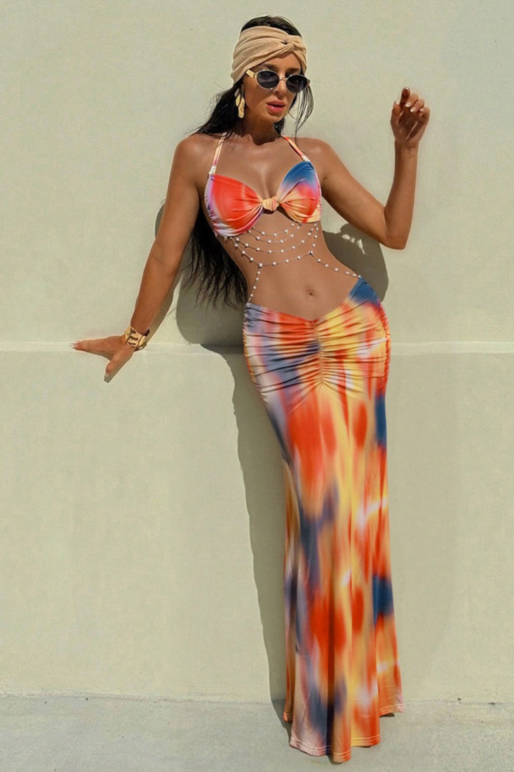 Halter Bow Front Ruched Waist Marble Print Maxi Skirt Two Piece Set