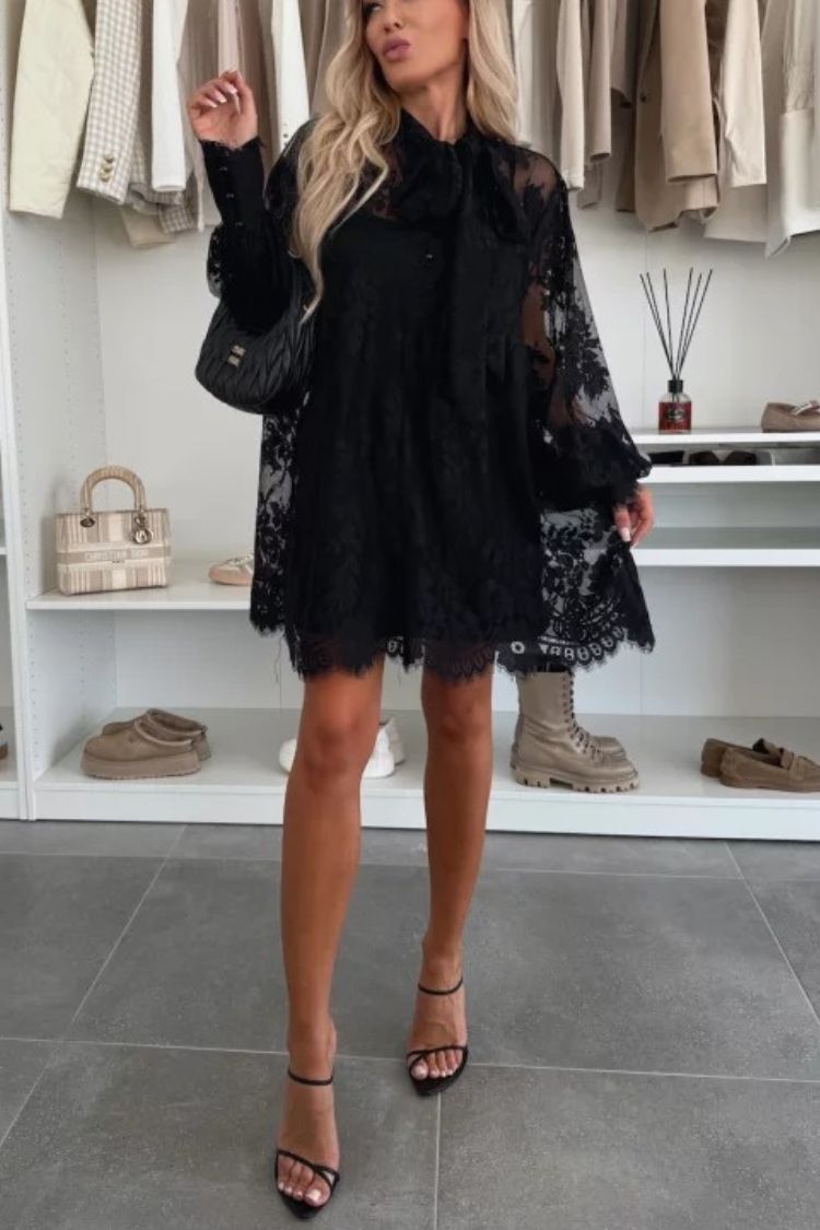 Iliana Effortless Night Rose a Line Mini Dress with Lace Bow and Long Balloon Sleeves Designer Edit