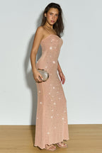 Beige Mesh Rhinestone Cami Maxi Dress