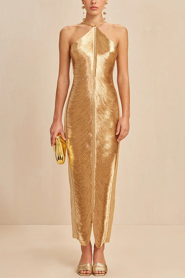 Metallic Pleated Fringe Halter Neck Backless Slit Maxi Gown