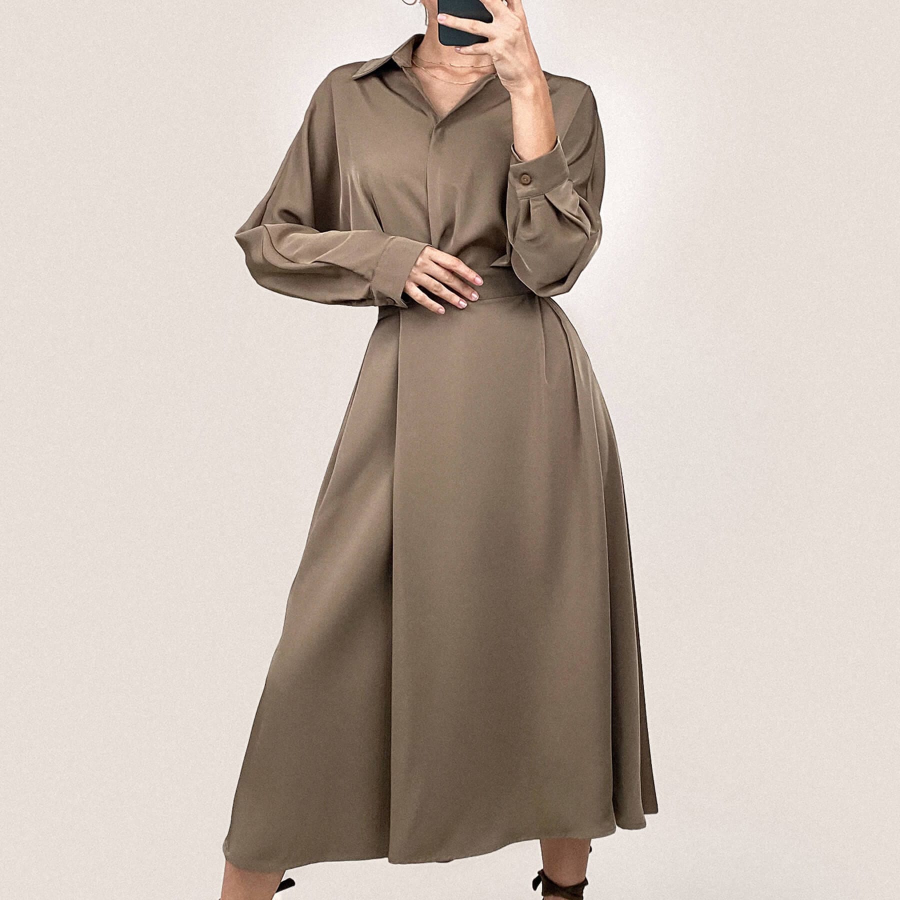 Surplice Pleat Detail Long Sleeve Collar Blouse and A-Line Midi Skirt Set