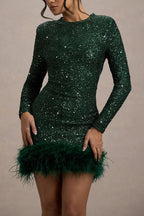 Sequin Long Sleeve Feather Trim Bodycon Mini Dress