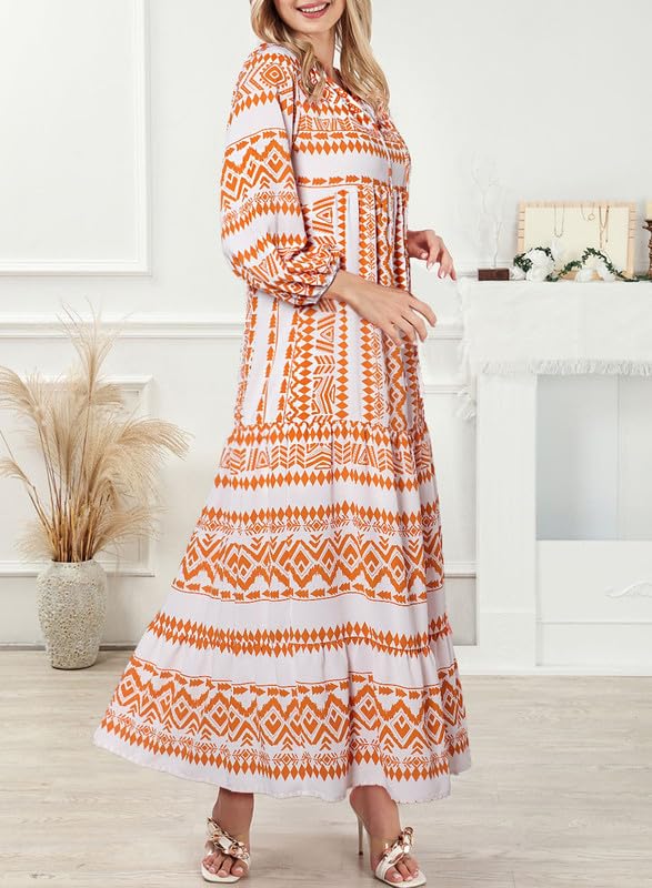 Puff Sleeve Tiered Geometric Print Boho Maxi Dress