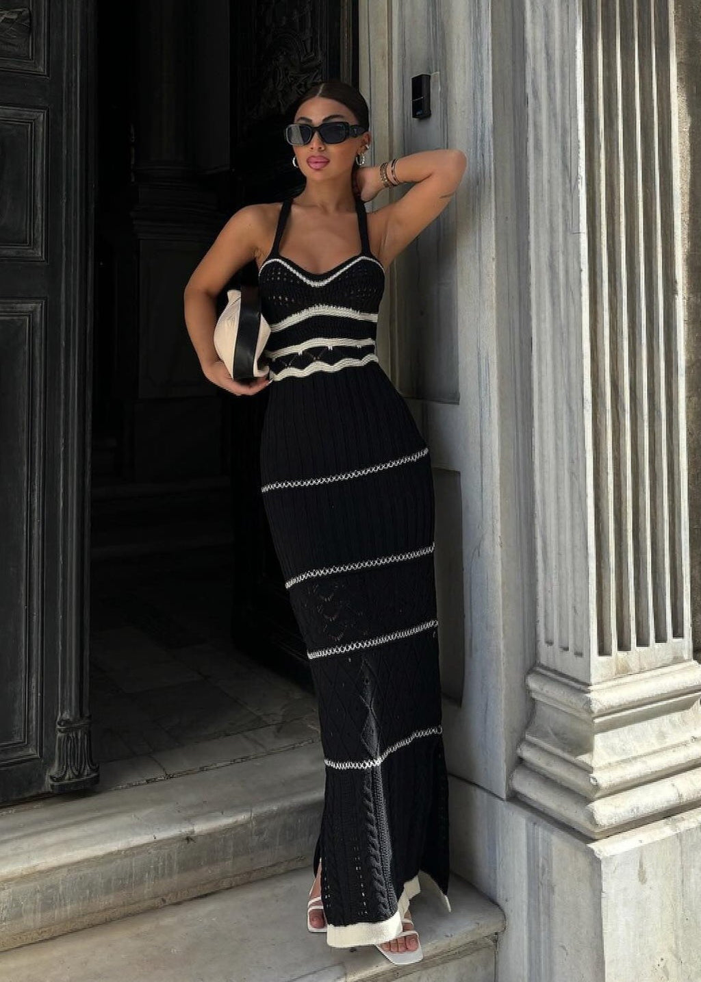 Halter Neck Sweetheart Crochet Panel Cable Knit Side Slit Maxi Dress