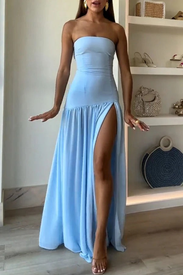 Lizzy Exclusive Strapless Semi Sheer Patchwork Chiffon Maxi Dress Statement Occasion Edit