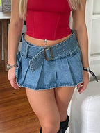 Denim Pleated Low Rise Micro Skort