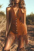 Sexy V-neck Sleeveless Button-down Fringe Fitted Mini Dress