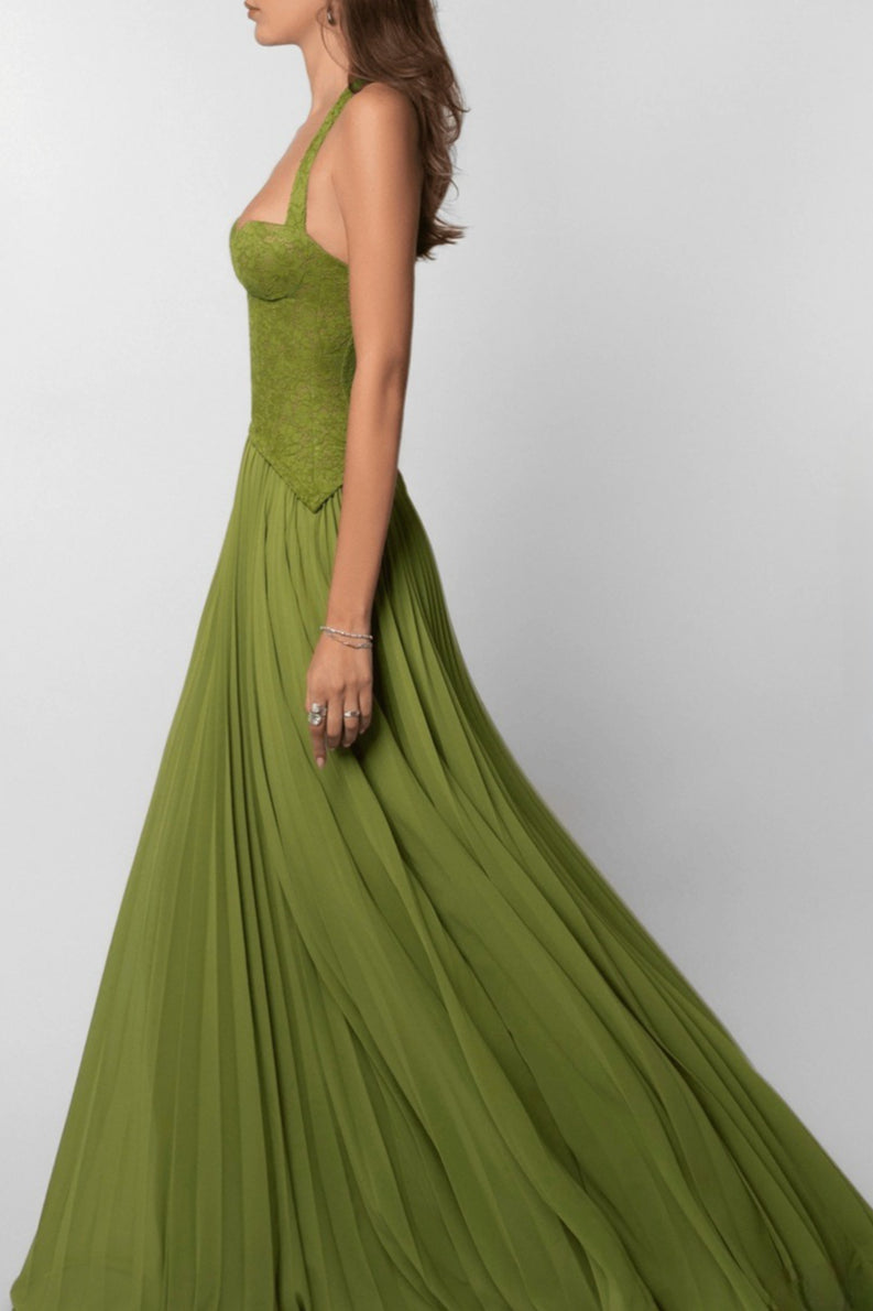 Halter Deep V Neck Lace Bodice Accordion Pleated Maxi Dress
