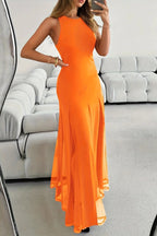 Solid Color Round Neck Sleeveless Slim Fit Sheer Patchwork Hem Maxi Dress