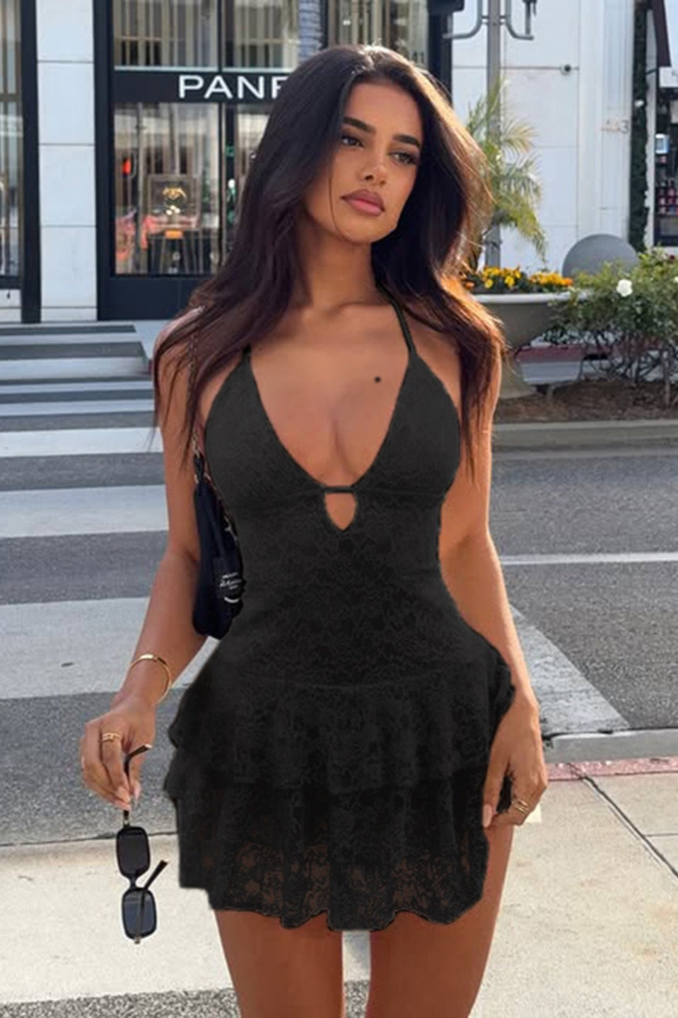 Lace Halter Deep V-Neck Keyhole Tiered Ruffle Mini Dress