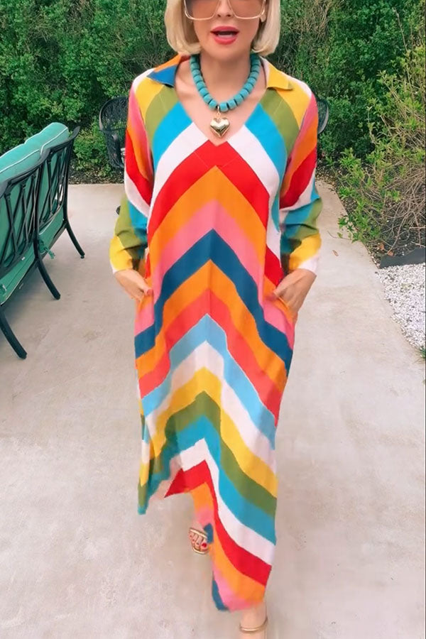 Rainbow Skyline Color-block Print Pocket A-line Shirt Maxi Dress