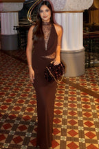 Brown Halter Lace Cowl Bodycon Dress