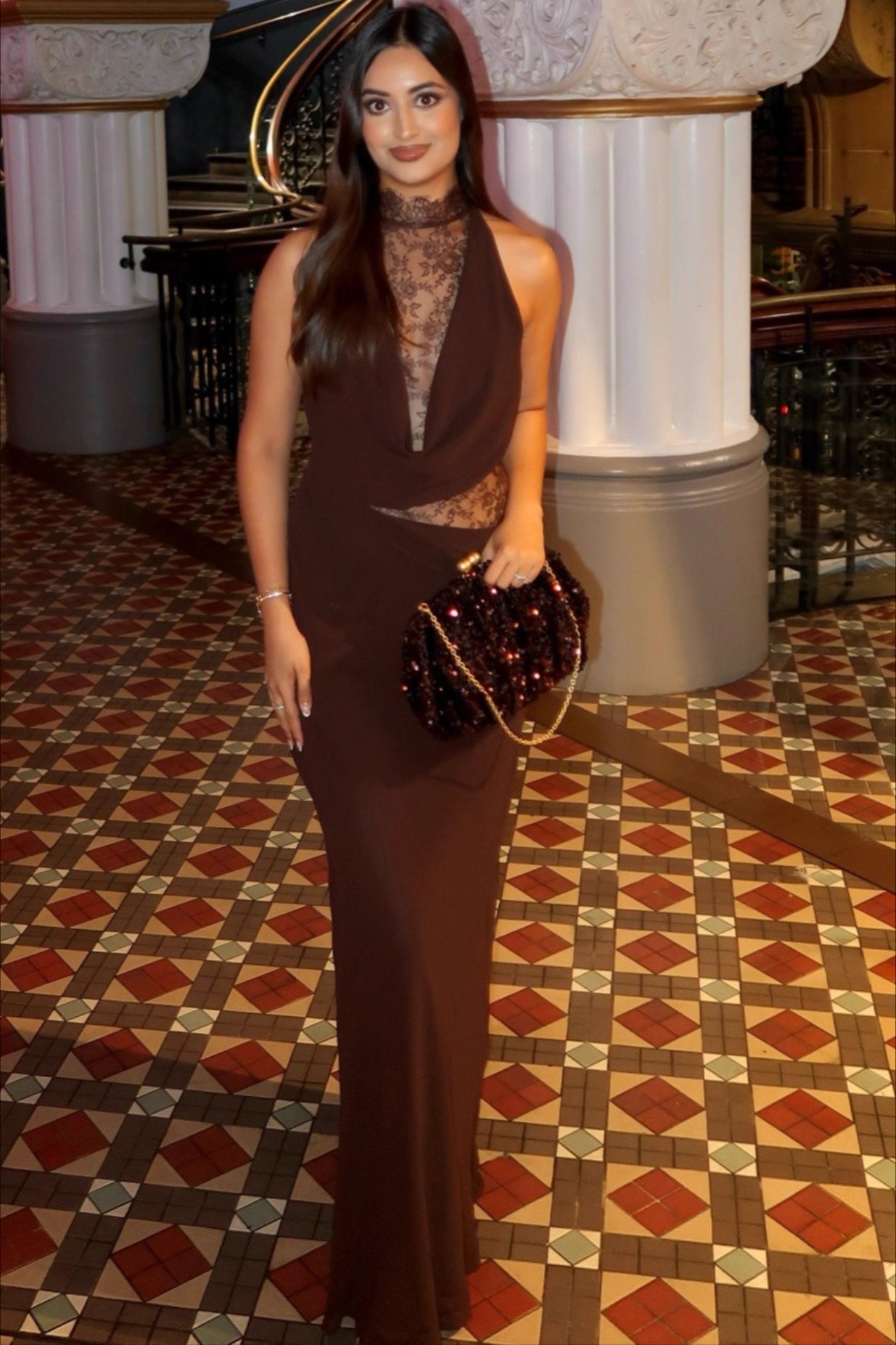 Brown Halter Lace Cowl Bodycon Dress