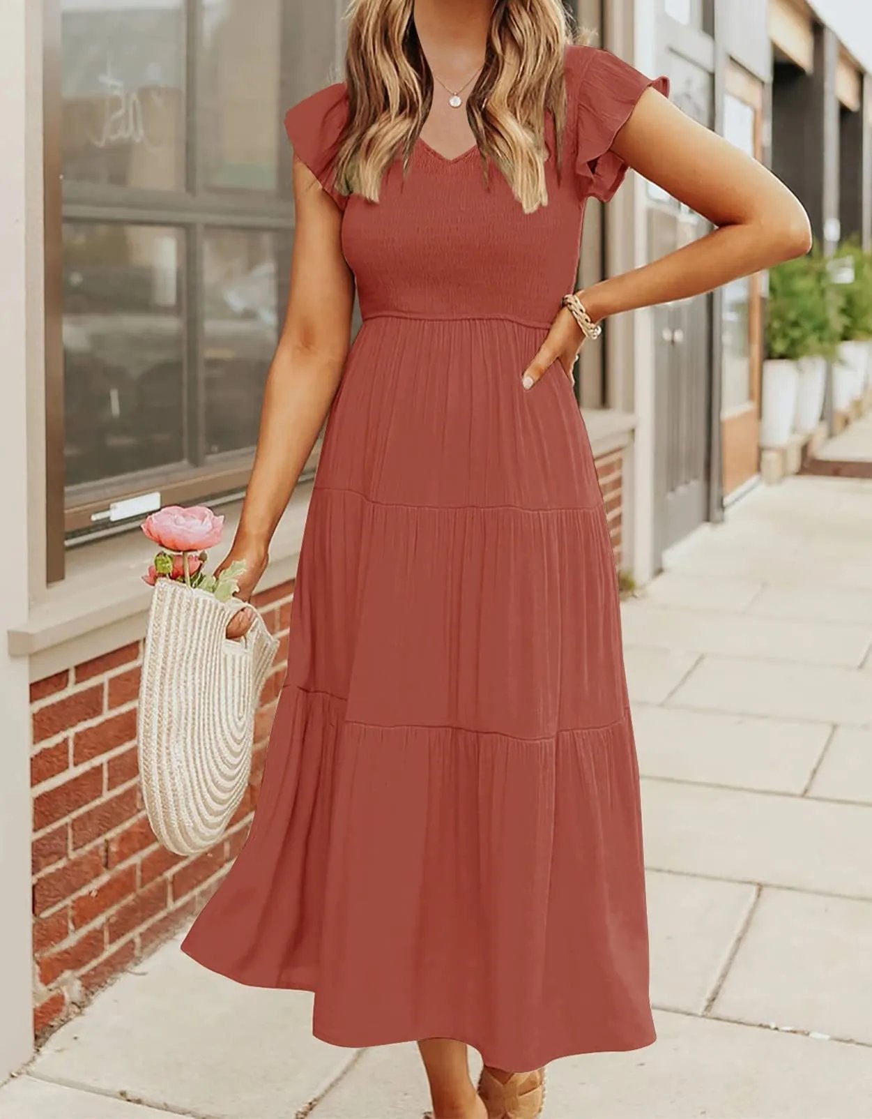 Smocked Bodice Flutter Sleeve Tiered A-Line Midi Dress