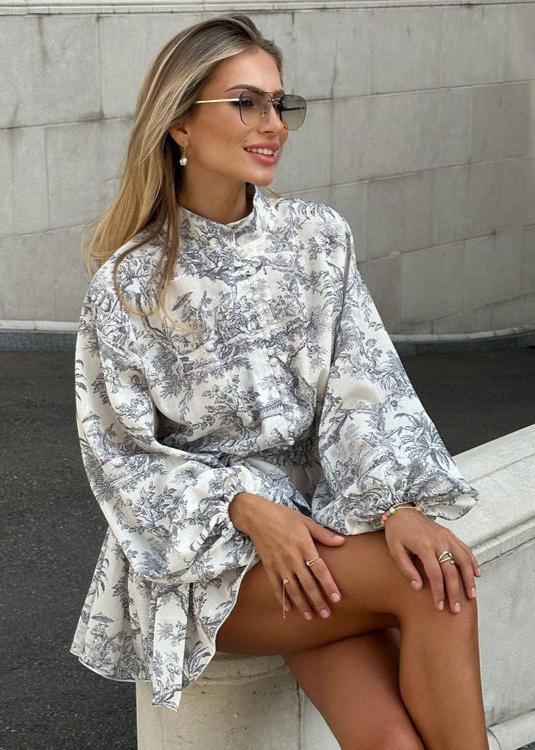 Mock Neck Puff Sleeve Toile Print Button Front Tie Waist Mini Dress