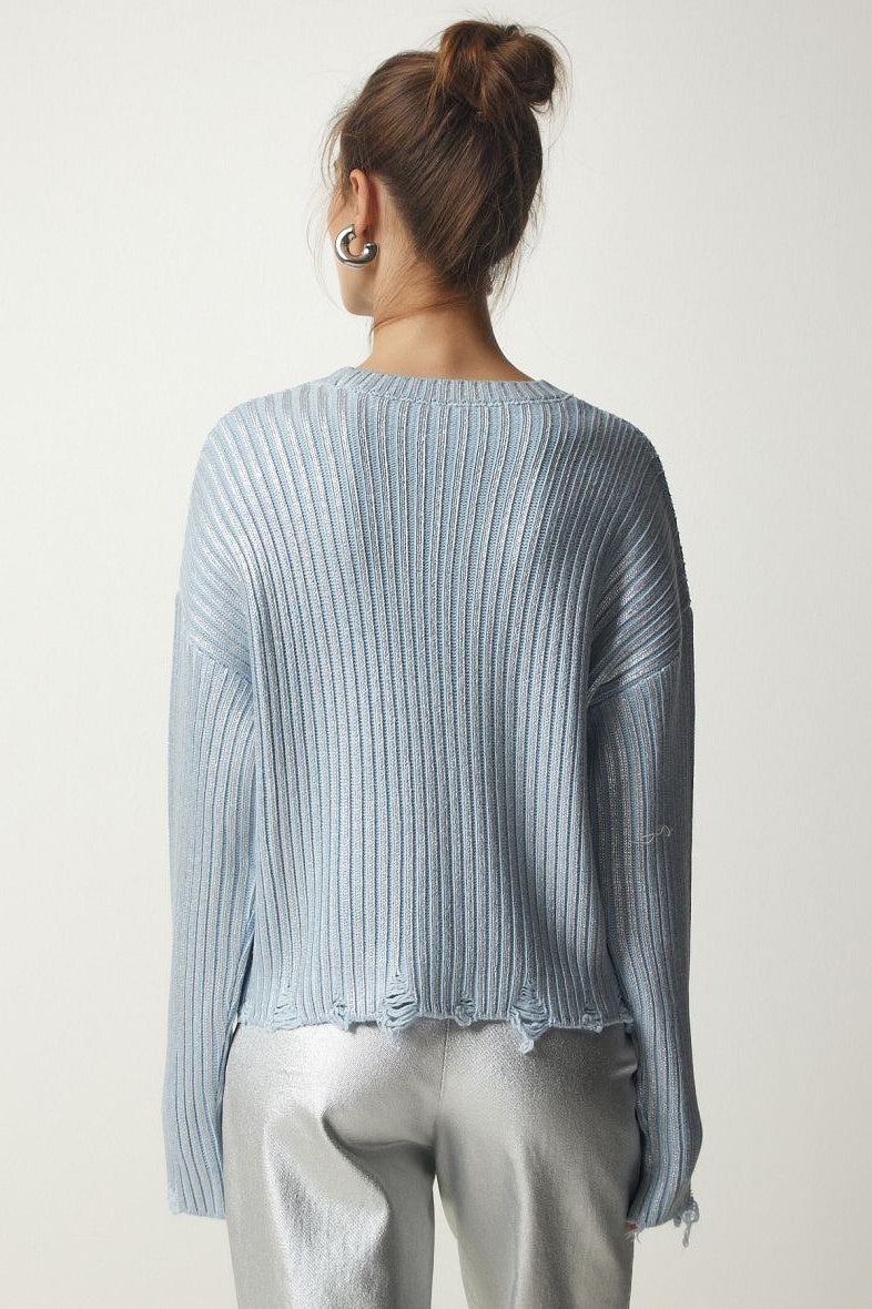 Solid Simple Silver Foil Loose Slim Long Sleeve Sweater