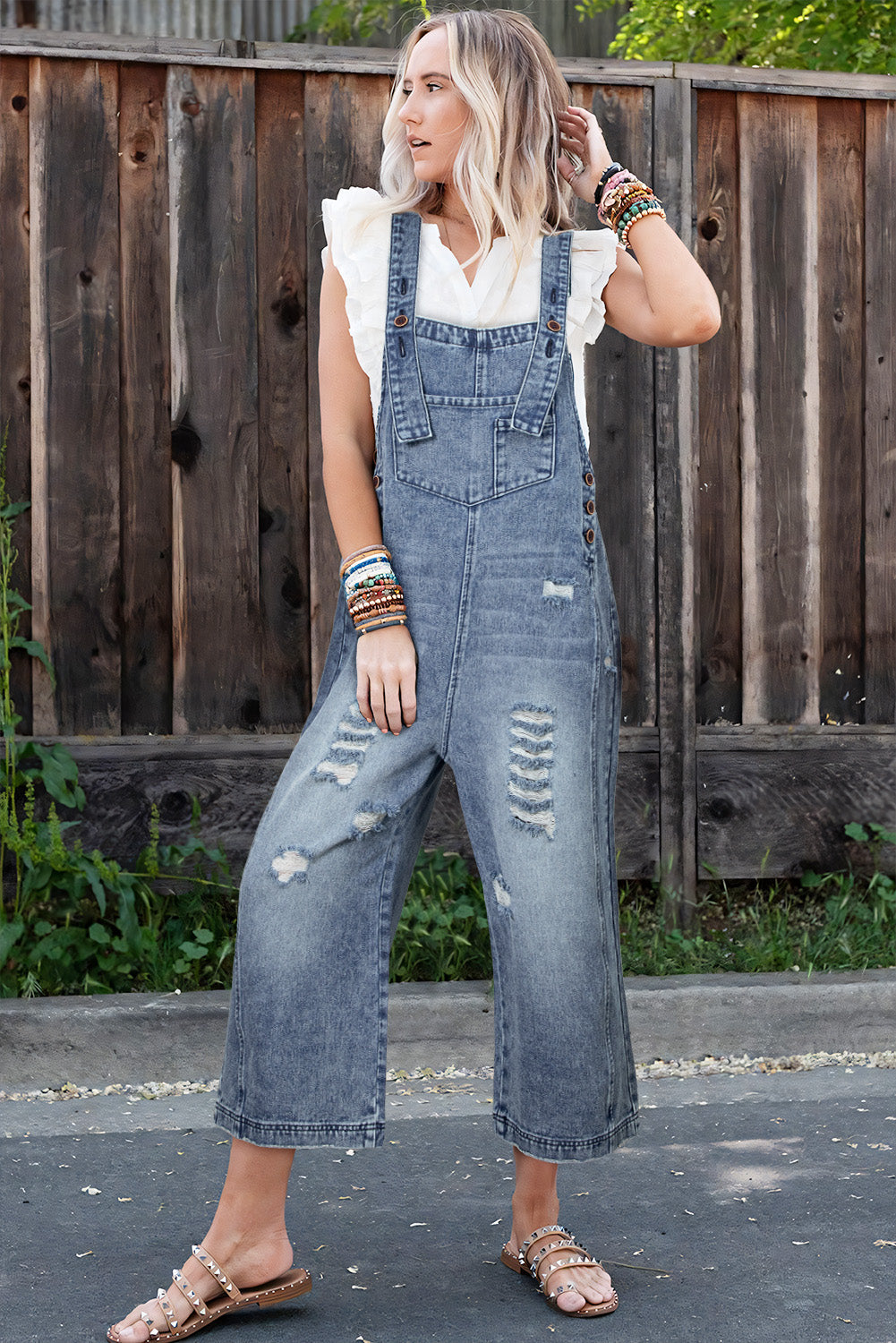 Blue Zone Planet | Stone Blue Distressed Bib Pocket Wide Leg Denim Overall