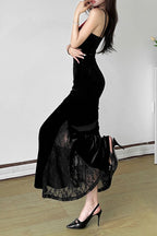 Velvet Sweetheart Spaghetti Strap Lace Trim Mermaid Maxi Gown