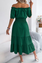 Stylish Off-shoulder Short-sleeved Pleated Waist Casual Midi Dress