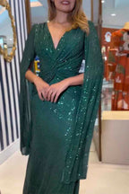 Deep V-Neck Twist Waist Sequin Cape Sleeve Column Maxi Gown