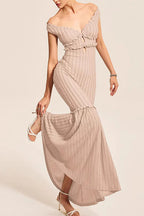 Ribbed Knit Off Shoulder Ruffle Keyhole Mermaid Flare Maxi Dress