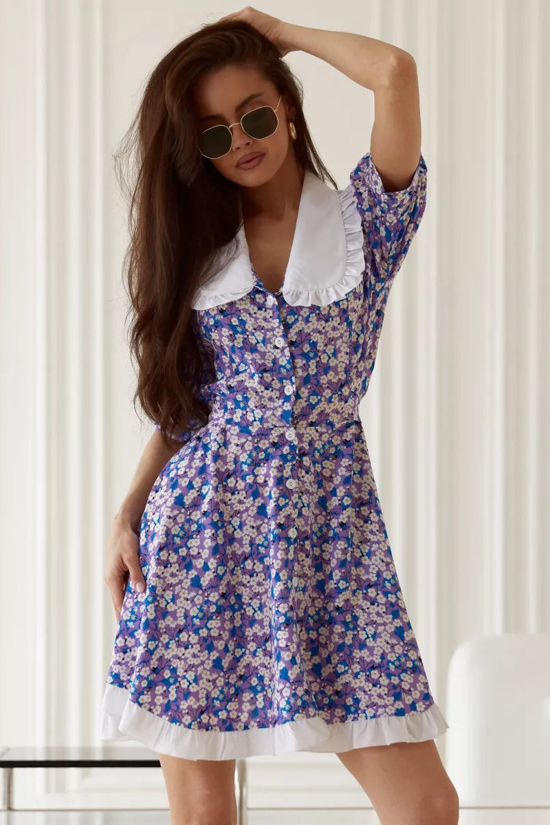 Purple Oversized Peter Pan Collar Puff Sleeve Ruffle Hem Ditsy Floral Mini Dress