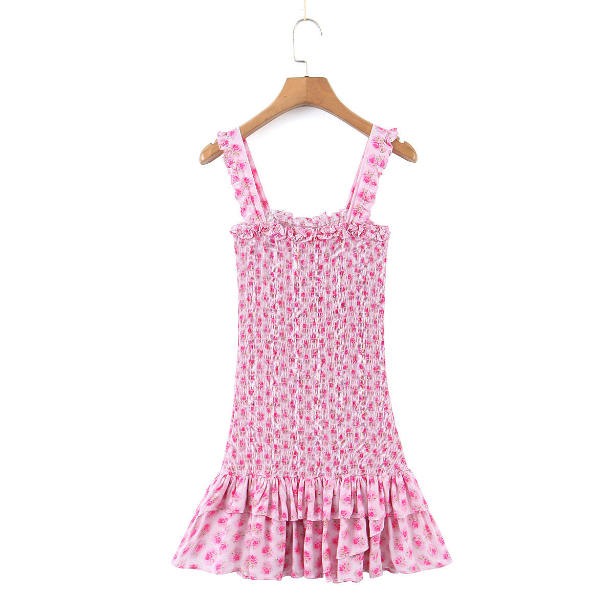 Smocked Square Neck Ruffle Trim Wide Strap Tiered Ditsy Floral Mini Dress