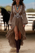 Retro V-neck Lantern Sleeve Ruffled Irregular Hem Maxi Dress