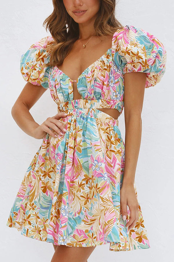 Tropical Floral Puff Sleeve Waist Cut Out Keyhole Sweetheart Mini Dress