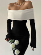 Contrast Color Trim Off Shoulder Long Sleeve Maxi Dress